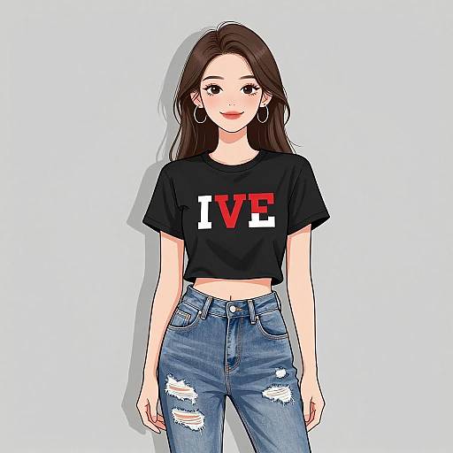 Digital anime-style drawing of a young woman with long brown hair, wearing a black crop top with 