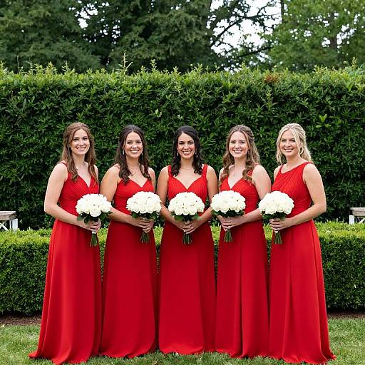 Photograph of five smiling women in red dresses holding white flower bouquets, standing in front of a lush green hedge.