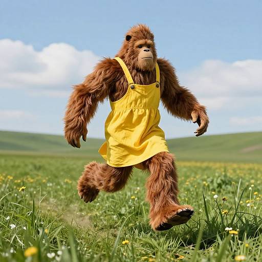 Bigfoot in Yellow Sundress Skipping