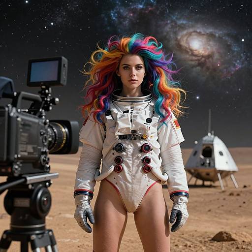 Photorealistic CGI of a woman with vibrant rainbow hair, wearing a white astronaut suit and gloves, standing on a lunar surface with a camera and spacecraft