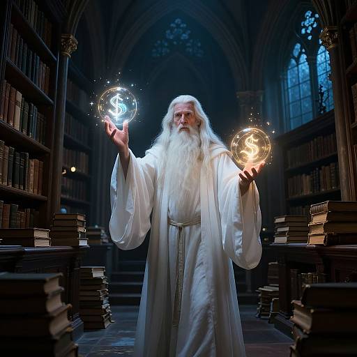 Photograph of a white-bearded wizard in a flowing white robe, standing in a dimly lit, gothic library, holding glowing, dollar-sign