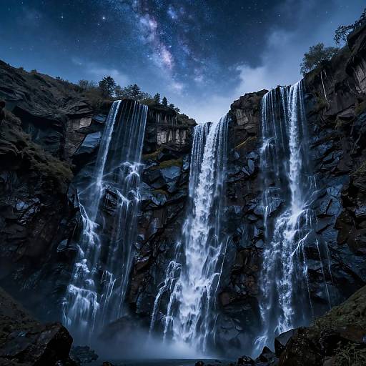 Photograph of a luminous, multi-tiered waterfall under a starry night sky, with dark rocky cliffs and mist at the base.