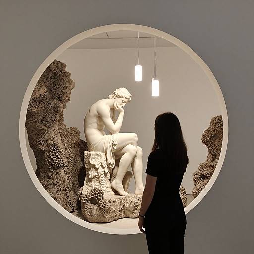 Photograph of a museum exhibit: a white marble statue of a contemplative, muscular male figure with a toga, set in a circular frame,