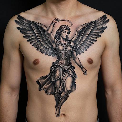 Photograph of a shirtless man with a detailed black and gray tattoo of a winged, armored angel on his chest.