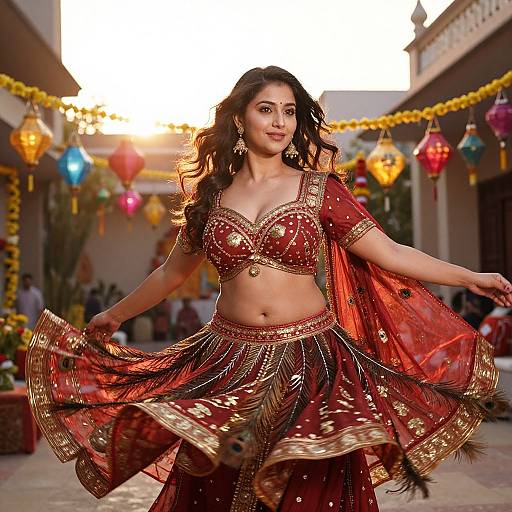 Photograph of a smiling Indian woman in a red and gold traditional dance outfit, twirling in a sunset-lit courtyard with colorful lanterns.
