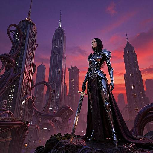 Digital art: Dark, armored woman with sword stands confidently in futuristic cityscape at sunset, towering skyscrapers and tentacle-like structures in background.