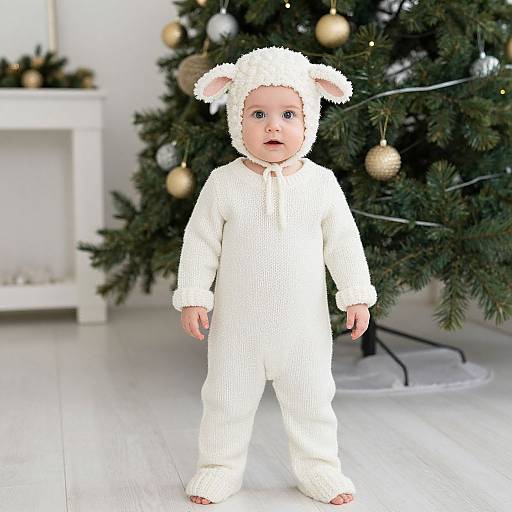 Photograph of a baby in a white, knitted, bunny onesie with ears, standing in front of a decorated Christmas tree.