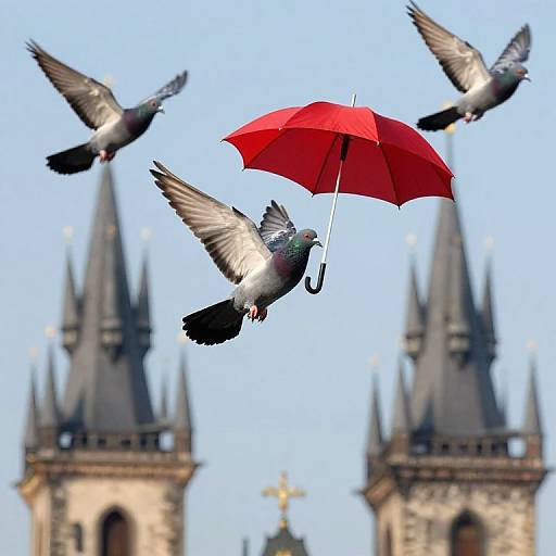 Photograph of three pigeons flying with a red umbrella in mid-air, against a backdrop of two Gothic-style church towers.
