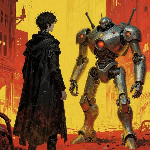 Digital art: Dark-haired man in black cloak faces towering, silver robot with red eyes in neon-lit, dystopian cityscape. Bright yellow background