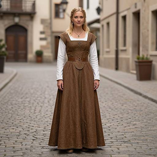 Photograph of a blonde woman in a medieval-style brown dress with white sleeves, standing on a cobblestone street in a European village.