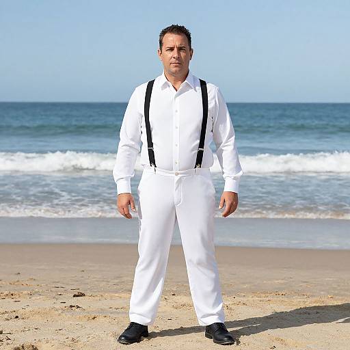 Photograph of a short-haired, light-skinned man in white suit with black suspenders, standing on a sunny beach with blue ocean waves in the