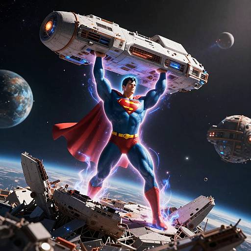Superman Lifting Futuristic Spaceship Wreckage