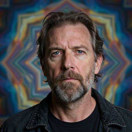 Photograph of a middle-aged man with blue eyes, gray beard, and wavy brown hair, wearing a black shirt, against a colorful, geometric
