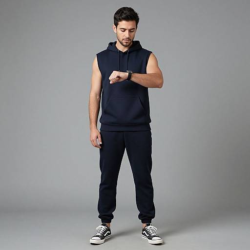 Photograph of a muscular, bearded man with short dark hair, wearing a sleeveless black hoodie, black pants, and black-and-white sneakers,
