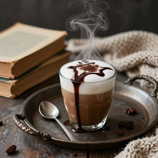 Photograph of a steaming glass mug with chocolate drizzle, on a silver tray with spoon, next to books and a knitted cloth. Dark