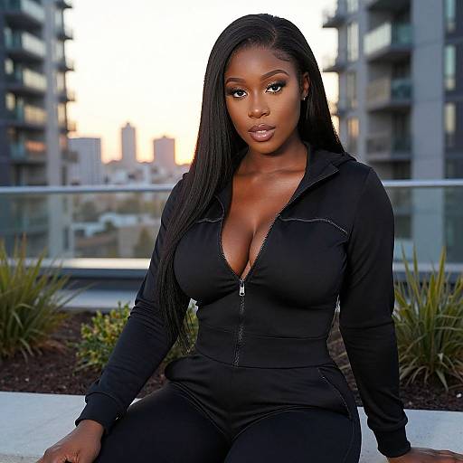 Photograph of a beautiful Black woman with long straight hair, wearing a black zip-up jumpsuit, sitting outdoors at sunset in front of modern apartment buildings