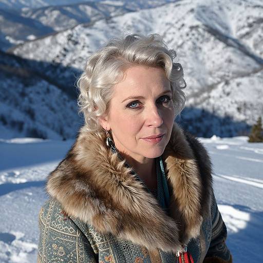 Photograph of a middle-aged woman with short, curly silver hair, wearing a fur-trimmed winter coat, standing in a snowy mountain landscape.