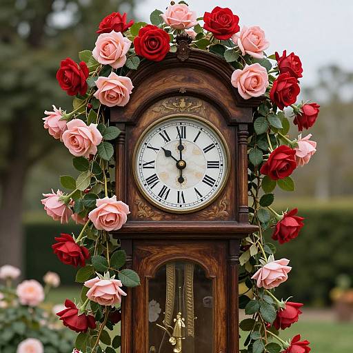 Antique wooden clock adorned with red and pink roses, surrounded by green leaves, set outdoors in a blurred garden background.