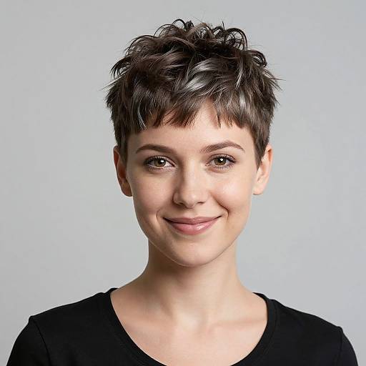 Photograph of a smiling young woman with short, dark, messy hair, light skin, and brown eyes, wearing a black top, against a light