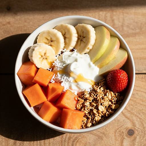Photograph of a white bowl on wooden table, filled with sliced bananas, apple, orange cubes, strawberry, granola, and whipped cream.
