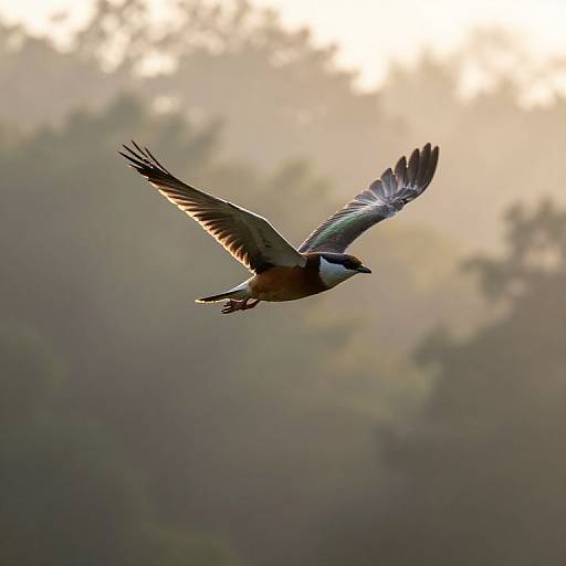 Photograph of a brown and blue bird in mid-flight, wings spread wide, against a blurred, sunlit background of green foliage.