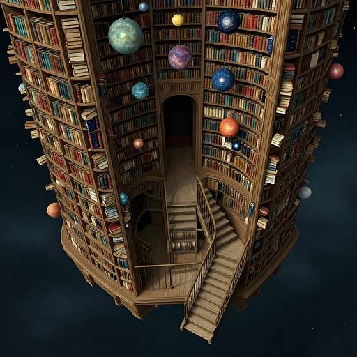 Digital art of a towering, circular bookshelf floating in space, filled with colorful books, featuring planets and a wooden staircase.
