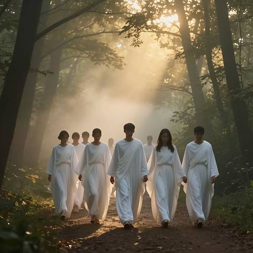Photograph of a group of nine people, dressed in white robes, walking hand-in-hand through a misty forest at sunrise. Sunbeams filter