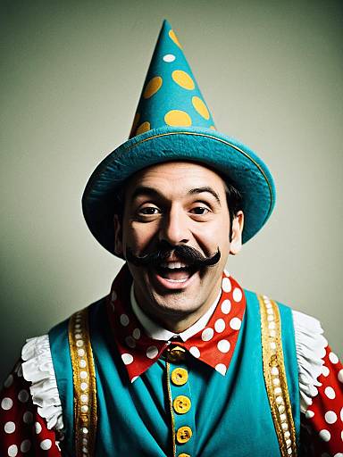 Man in Colorful Clown Costume with Mustache