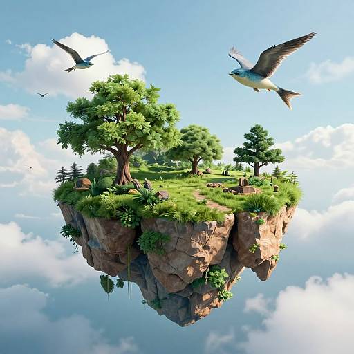 Whimsical digital artwork of a floating, lush island with trees, grass, birds in mid-flight, and rocky cliffs against a blue sky.