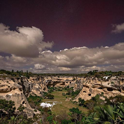 Photograph of a dramatic, rocky desert canyon with tan cliffs, lush greenery, and a dark, cloud-streaked sky above.