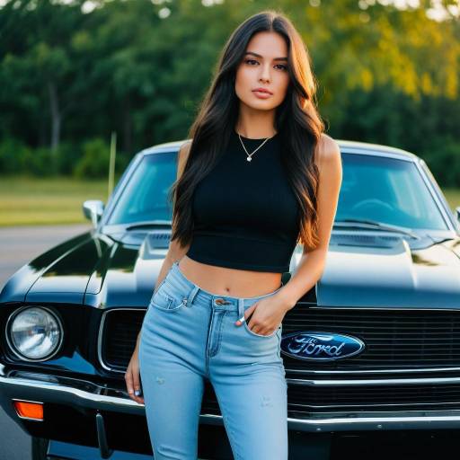 Young woman posing with classic Ford car