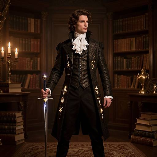 Photograph of a dark-haired man in a black, ornate 18th-century coat with gold embroidery, holding a sword, standing in a dim