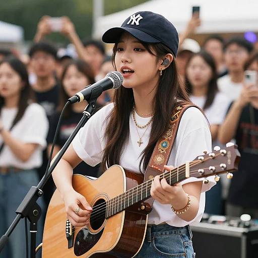 Photograph of an Asian woman with long black hair, wearing a black NY cap, white t-shirt, and denim shorts, singing into a microphone while