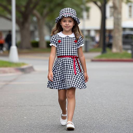Photograph of a young girl walking on a street, wearing a black-and-white checkered dress, red ribbon, matching hat, and white shoes.