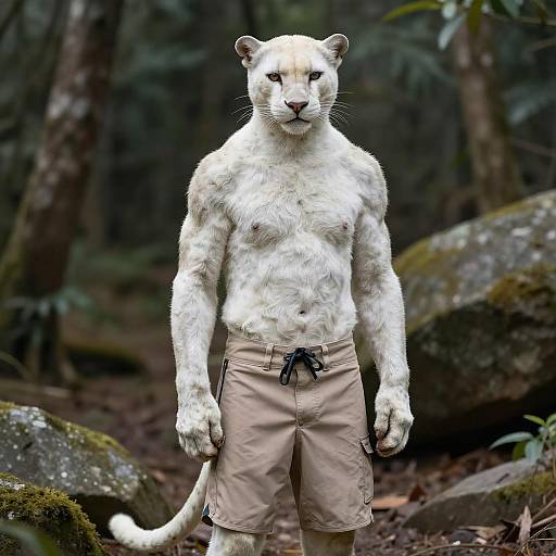 Photorealistic White Anthro Panther Standing Portrait