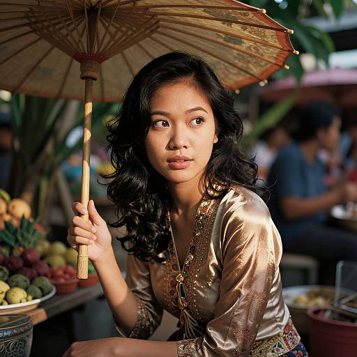 Asian woman with wavy black hair, wearing a gold-embroidered silk blouse, holding a traditional paper umbrella, sitting outdoors at a market.