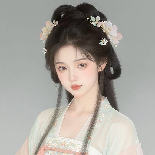 Digital anime-style portrait of a young Asian woman with pale skin, black hair adorned with white and pink flowers, wearing a white floral kimono, against