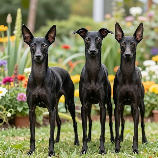 Photograph of three black Italian Greyhounds standing on grass in a colorful, blooming garden with vibrant flowers in the background.