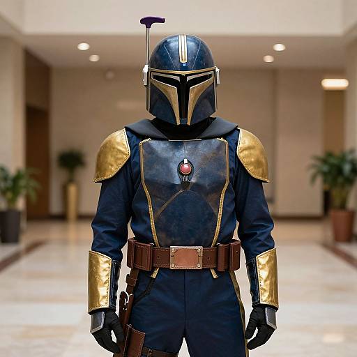 Photograph of a person in a Mandalorian armor cosplay with gold shoulder plates, black helmet, red gem, and brown belt, standing in a bright