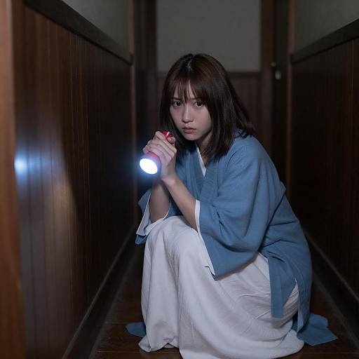 Determined Young Woman in Dim Hallway