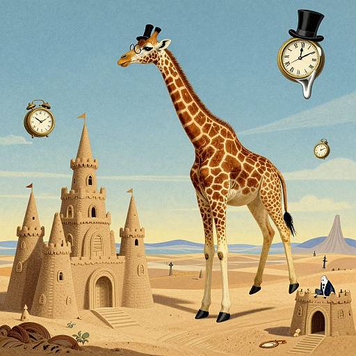 Digital illustration: Giant giraffe with top hat standing in desert, surrounded by sandcastles, floating clocks, blue sky, and distant pyramids.