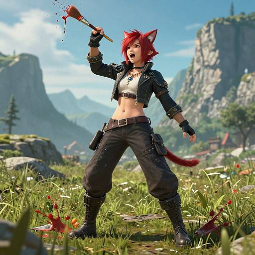 Digital art: Red-haired, cat-eared woman in black leather jacket, crop top, and pants, triumphantly holds a bloody spear in a mountain