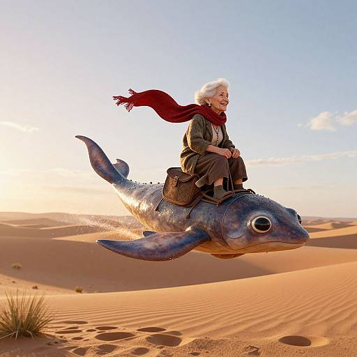 Photograph-style CGI: Elderly woman with white hair, red scarf, and brown outfit rides a blue, fish-like creature over golden desert dunes