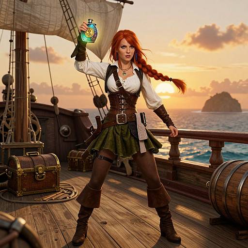 Digital artwork of a red-haired pirate woman in a white shirt and green skirt, holding a glowing potion on a ship at sunset. Wooden deck, barrels