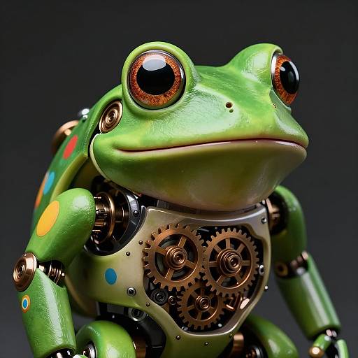 Photorealistic CGI of a green, robotic frog with large, shiny orange eyes, colorful polka dots, and intricate brass gears on its chest,