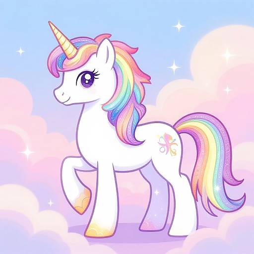 Digital drawing of a white unicorn with a rainbow mane and tail, purple eyes, and a unicorn horn, standing on a pastel pink and blue background