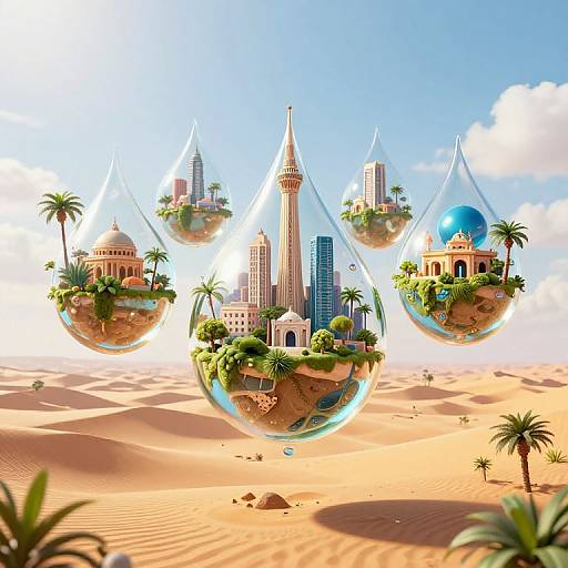 Digital illustration of futuristic, floating city-bubbles in desert landscape, each containing diverse architectural styles, palm trees, and skyscrapers, under a bright