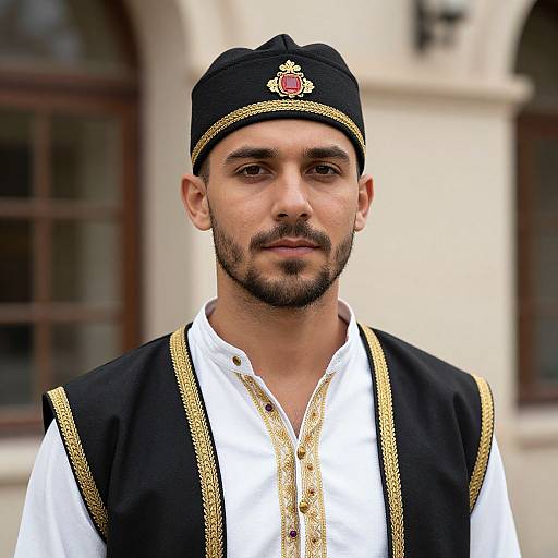 Photograph of a young Middle Eastern man with a trimmed beard, wearing a black turban, white shirt, and black vest with gold trim, standing