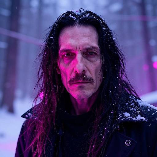 Photograph of a serious, middle-aged man with long, snow-dusted black hair, pink-tinged face, and mustache, wearing a