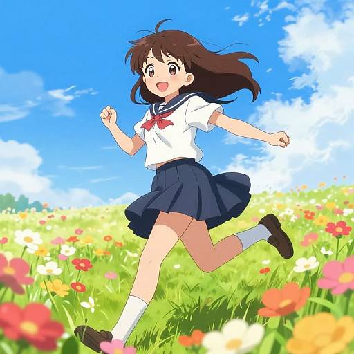 Anime Girl Skipping in Flower Field